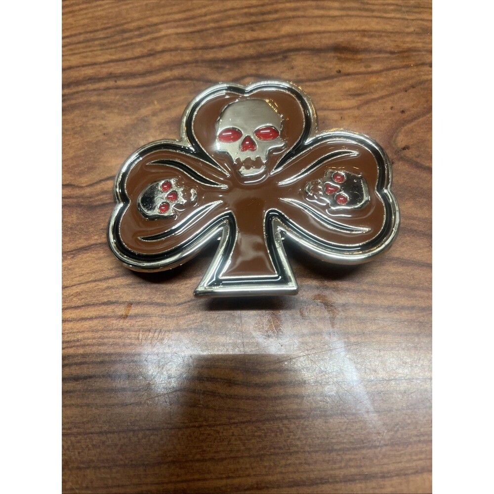 Silver Skull Skeleton Head Clover Leaf Belt Buckle for Men or Women 2.75" x 3.5"